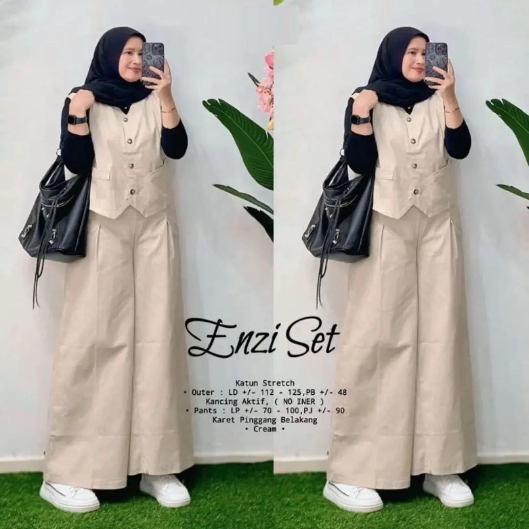 Setelan muslim polos wanita remaja ootd Style Ukuran jumbo LD 110 Enzy set Bahan Katun streth Premium One set Atasan Rompi set celana kekinian 2IN1 setelan kasual Bahan Adem model Hits kekinian bisa COD