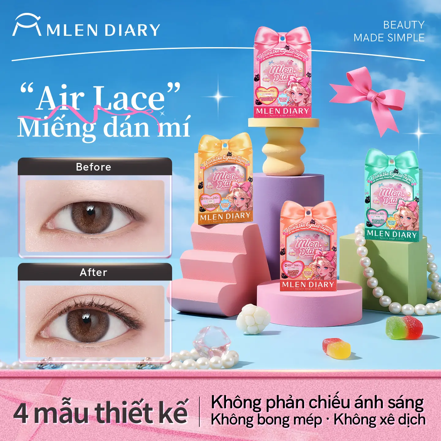 Mlen Diary - Miếng Dán Kích Mí Lưới Tàng Hình Tự Nhiên Phù Hợp Cho Mọi Dáng Mắt, Nhiều Lựa Chọn Dễ Dùng Cho Người Mới Bắt Đầu- Kích Mí Không Gây Lộ, Tự Nhiên Cả Khi Không Makeup