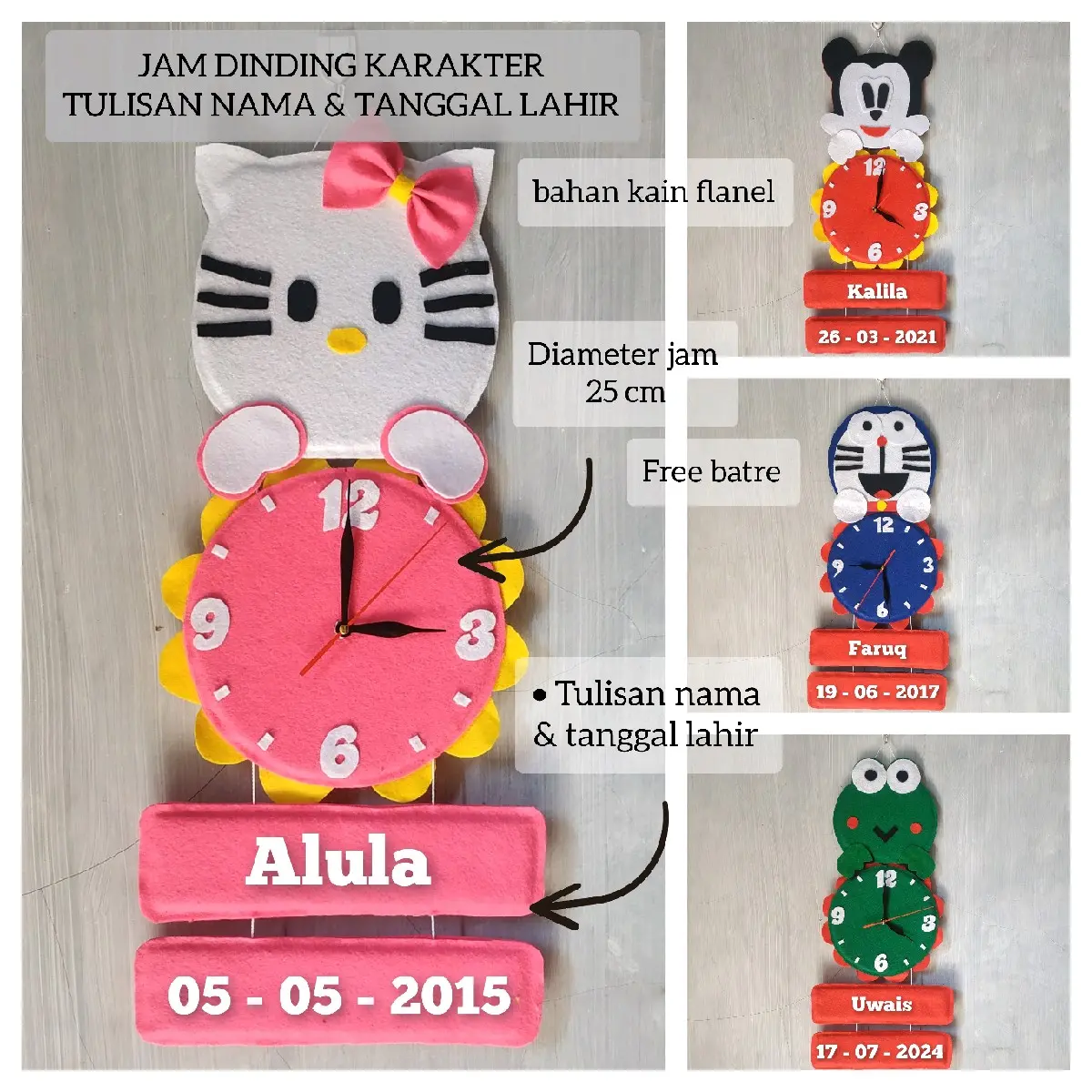 Jam dinding karakter tulisan nama dan tanggal lahir / Hiasan nama anak / jam dinding karakter flanel