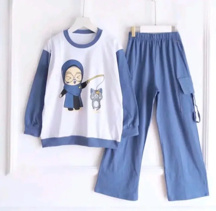 setelan loly anak perempuan caty set kids celana cargo crinkle airflow lengan panjang untuk usia 3 sampai 11 tahun  tanggung Baju