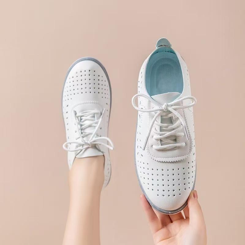 Product Introduction of Fashion Hot Shoes for Women 2025 New Real Soft Leather Versatile Lace-up Ins Mother White Shoes Tendon Bottom Shallow Mouth Nurse Thin Shoes 6
