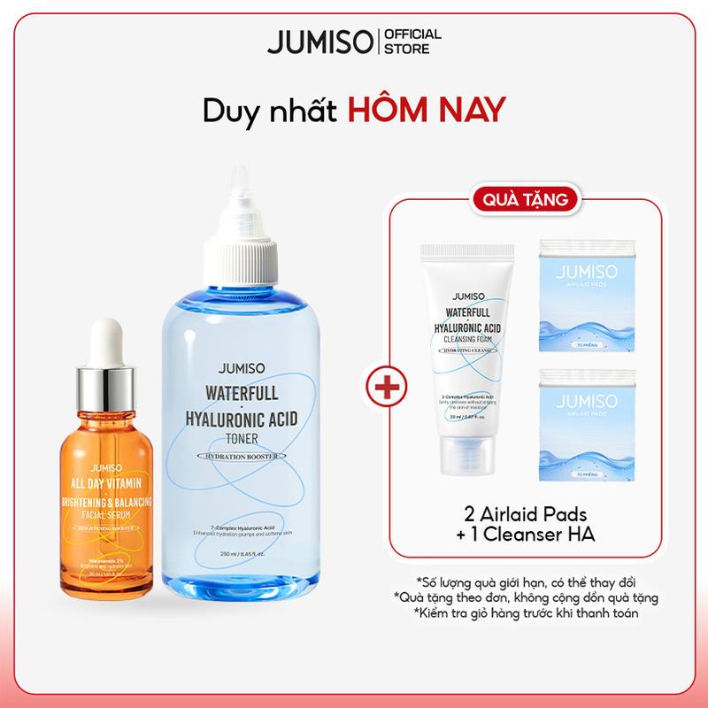  Jumiso Bộ Đôi Sáng Da Và Cấp Ẩm All Day Vitamin Brightening & Balancing Facial Serum 30ml + Waterfull Hyaluronic Acid Toner 250ml Cấp Ẩm Tức Thì Cho Da 