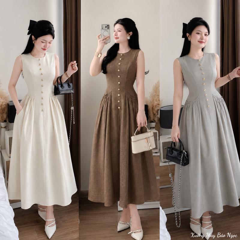 Đầm Dự Tiệc Đính Cúc Dáng Dài Túi Xếp Ly Voon Chất Đũi Hàn Siêu Sang