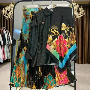 Oneset Rok plus Hijab Silky Monogram Black muslimah wanita remaja dewasa