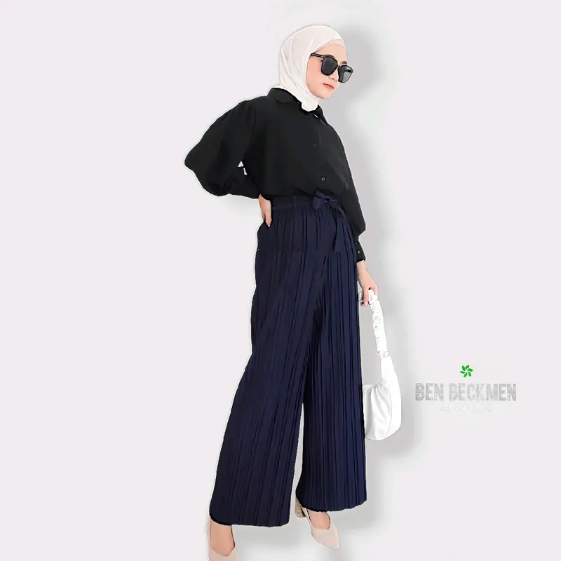 Celana Kulot Wanita Plisket Premium bahan Cosebho crepe Import anti kusut bahan Katun tebal Halus pinggang karet 4