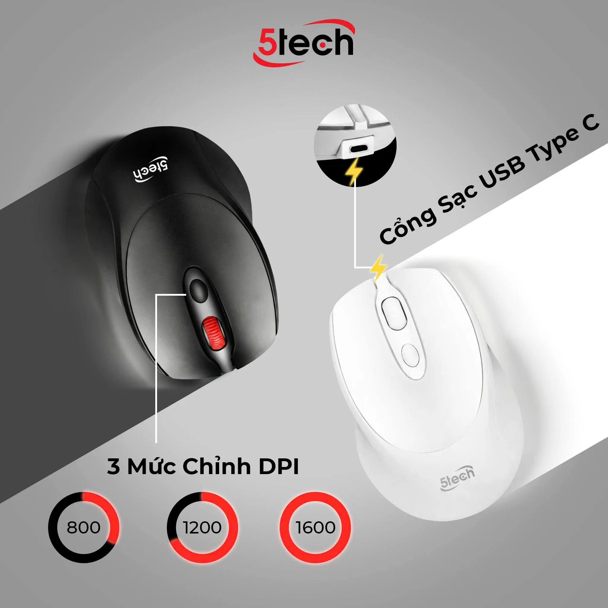 Chuột không dây 5Tech, chuột sạc pin, chuột kết nối đầu USB 2.4GHz, DPI 800-1600, chuột dành cho máy tính, laptop và những thiết bị có cổng kết nối USB 2.4GHz, chơi game mọi chế độ | BigBuy360 - bigbuy360.vn