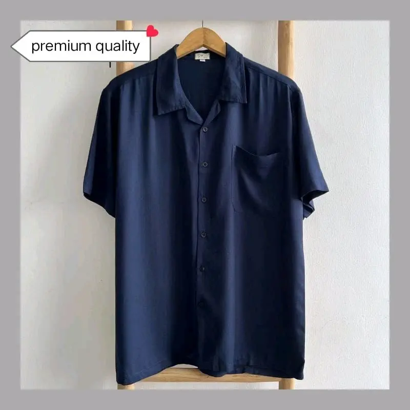 Kemeja Polos Hawai Lengan Pendek Baju BASIC COLOUR SHIRT Pria Katun Soft Navy   Casual