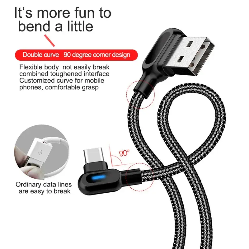 Cáp USB Type C Micro 90 độ, Olaf, Dây sạc nhanh, Tương thích với iPhone, Samsung, Xiaomi, Huawei, LG, Android, Dây dữ liệu Microusb, Thiết kế khuỷu tay đôi, Thích hợp để chơi game, Hỗ trợ USB C, Sạc nhanh 3.0 và 4.0 2