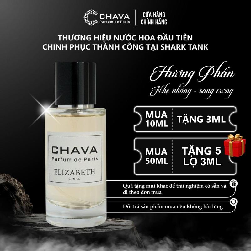 [Nước Hoa Nữ Hương Phấn, Nhẹ Nhàng] C CHAVA SIMPLE ELIZABETH - Hương Hoa Tươi Mát, Quyến Rũ & Nữ Tính - Phong Cách Thanh Lịch, Gợi Cảm, Đầy Cuốn Hút - Chính Hãng, Lưu Hương Lâu 6-8h/Da & 3-4 Ngày/Quân Áo, Tiêu Chuẩn Pháp,  Perfume Xịt Thơm