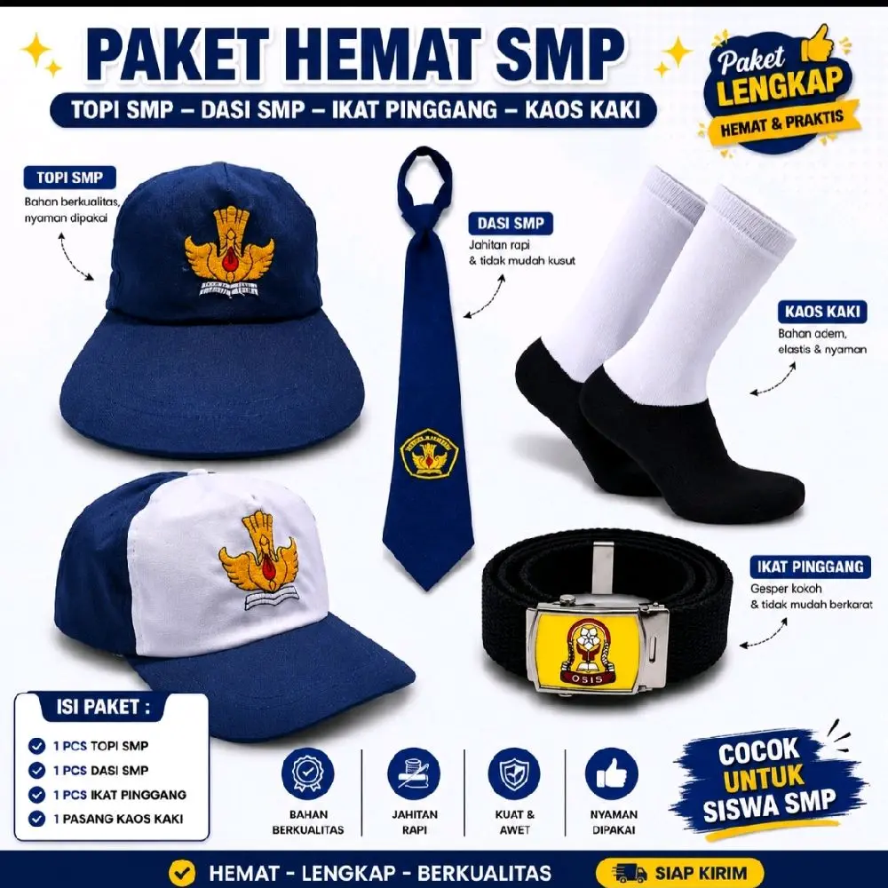 Paket Hemat SMP Lengkap Topi SMP Dasi SMP Ikat Pinggang OSIS Kaos Kaki Seragam Sekolah Atribut SMP