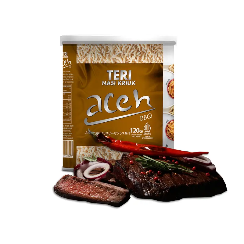 Snack Teri Aceh Nasi Kriuk BBQ (Barbeque) | Kemasan Kaleng | 120gr | Cemilan Renyah, Gurih, Crispy | Praktis, Halal, PIRT, Enak, Lezat, Nikmat | Makanan Ringan Kekinian | Snack Lauk untuk Nasi, Sup, Bekal Anak Kos, Keluarga, Piknik, Oleh-oleh | Aceh Food 5