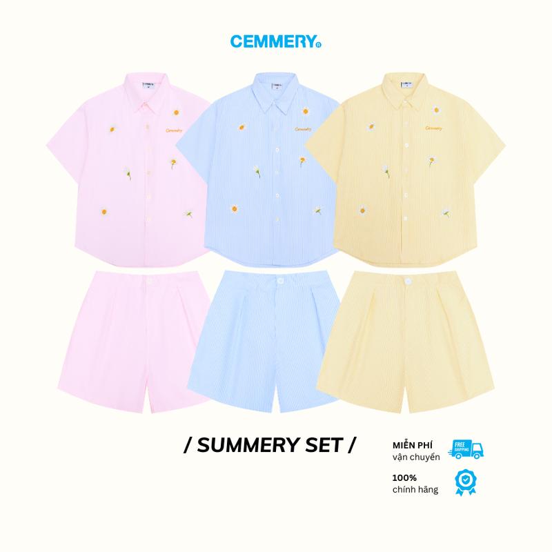 Set Sơ Mi Oxford CEMMERY Local Brand Chính Hãng Summery Set Form Boxy Unisex Thêu Hoa 3 Màu