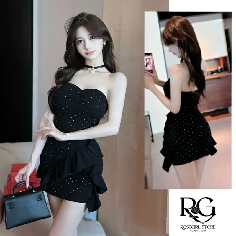 Đầm body đầm cúp phối bèo đính đá sang chảnh dự tiệc đ322 CÓ MÚT BO CHUN