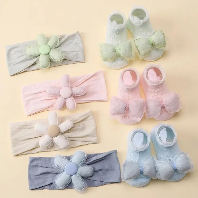 1 Set Flower Headband Bow Socks Set Spring Summer Children Baby Boys Girls By Comfortable Soft Cotton Short Tube Mesh Lace Rib Socks Newborn Bayi 0