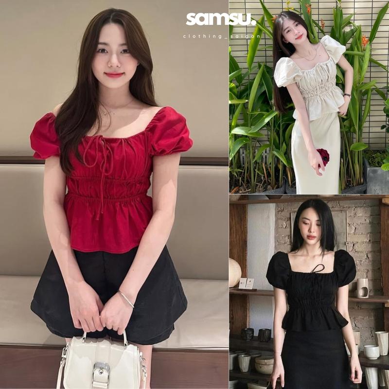 Áo Babydoll Linen Kiểu Xinh Tay Phồng Tiểu Thư Công Chúa Bo Thân Nơ Coquette Ngực Xinh Xắn Samsu.clothing_saigon