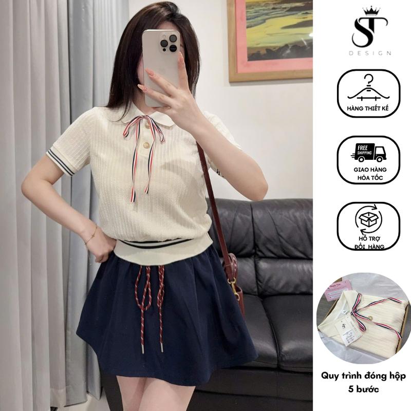 ST Design - Set Áo Len Dệt Kim Cổ Polo Nữ Dante Phối Nơ & Chân Váy Kaki 2 Da ST Design T06 - Hàng Thiết Kế - Giao Hàng Nhanh