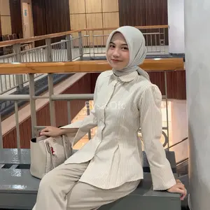 Kemeja Stripe Rempel Fit Body Wanita Daily casual- Bysa.ofc -  formal lembut Katun, Nyaman Rempel krem Biru Pink Panjang Tangan Garis Dress Motif Basic  Slim