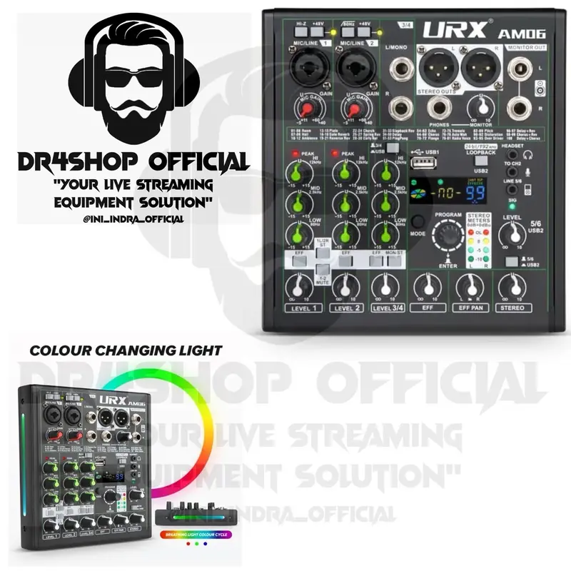 Mixer URX AM06 6-Channel & Interface Audio Digital - 24bit/192kHz, untuk Rekaman PC/Mobile, DJ, Studio Support Otg Android & Ios Lighting - Amplifier 0