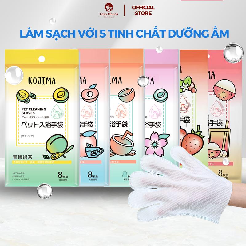 Găng tay vệ sinh KOJIMA cho thú cưng dịu nhẹ không kích ứng, găng tay tắm chó mèo tiện lợi vào mùa hè và mùa đông, Găng tay tắm khô Kojima vệ sinh cho thú cưng chiết xuất lô hội không cồn không gây kích ứng dùng một lần gói 8 chiếc - Fairy Marina