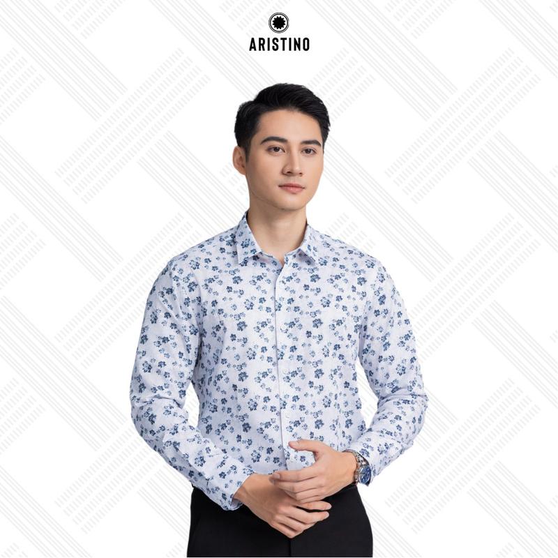 ARISTINO Áo sơ mi nam dài tay phom dáng slim fit trắng in lá ALS17203