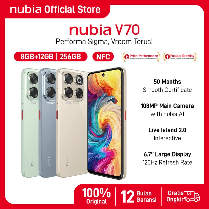 [EXCLUSIVE AFDHAL AVROVE] nubia V70 NFC RAM 8GB+12GB ROM 256GB 108MP Ultra Clear Camera 5000 mAh 33W Fast Charging 6.7FHD+ Ultra Smooth Display Garansi Resmi Android