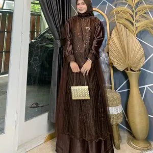 Anggita Dress Mahogany Gamis Brokat Terbaru 2025 Bahan Silk Robeto Kombinasi Brukat Tille Spanggel Premium Ukuran S M L XL XXL Gaun Kondangan Pesta Mewah Muslim Wanita Lebaran Idul Fitri Grey Panjang