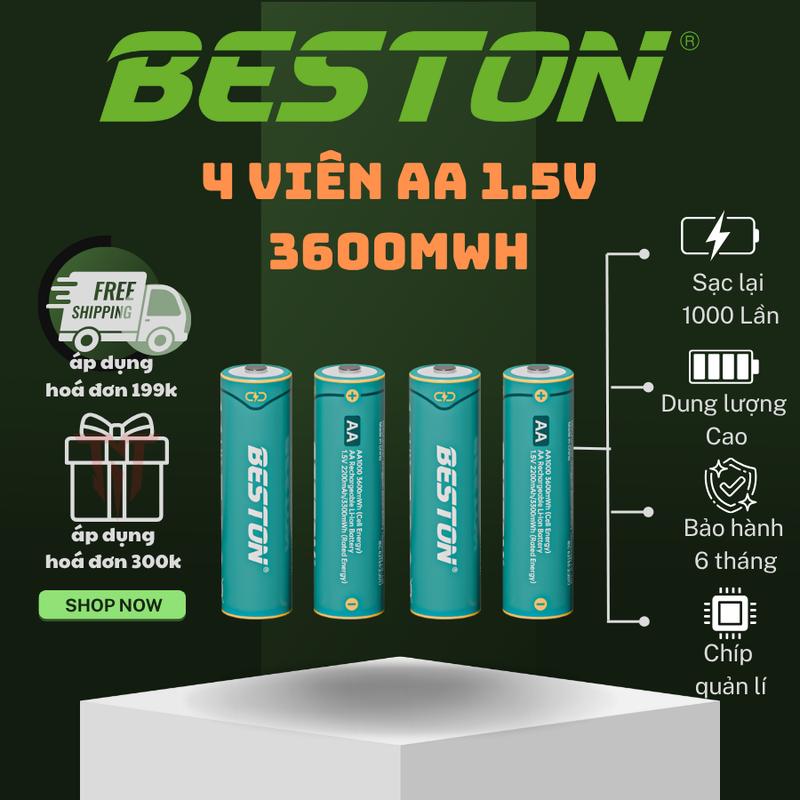 BESTON Hộp 4 Pin sạc 2A 1.5V Lithium AA 3600mAh, Hộp Sạc M7036 AA 1.5V pin đồ chơi, pin máy ảnh, 4 Viên AA 1.5V 3.600mWh, Sạc 1000 Lần, Dung Lượng Cao, Chip Quản Lý