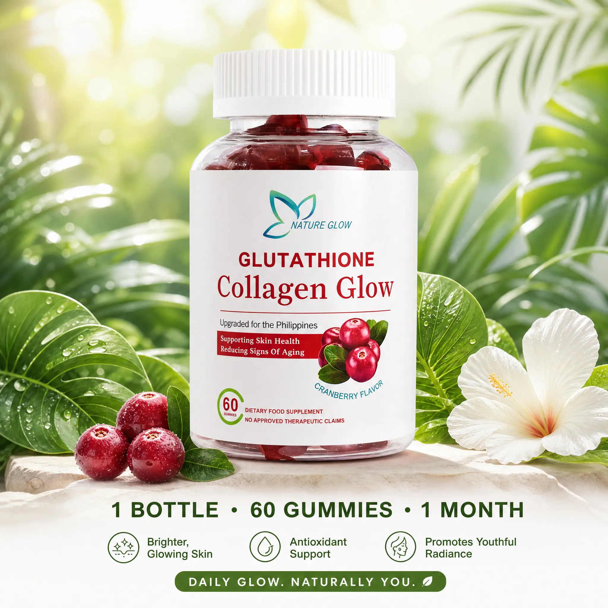 FDA APPROVED】Nature Glow 60PC Glutathione Collagen Glow Gummies cranberry flavor