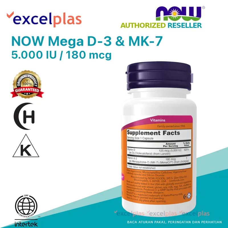 NOW Mega D-3 & MK-7 60 Veg Capsules Vitamins D3 & K2 5000 IU / 180 mcg 1