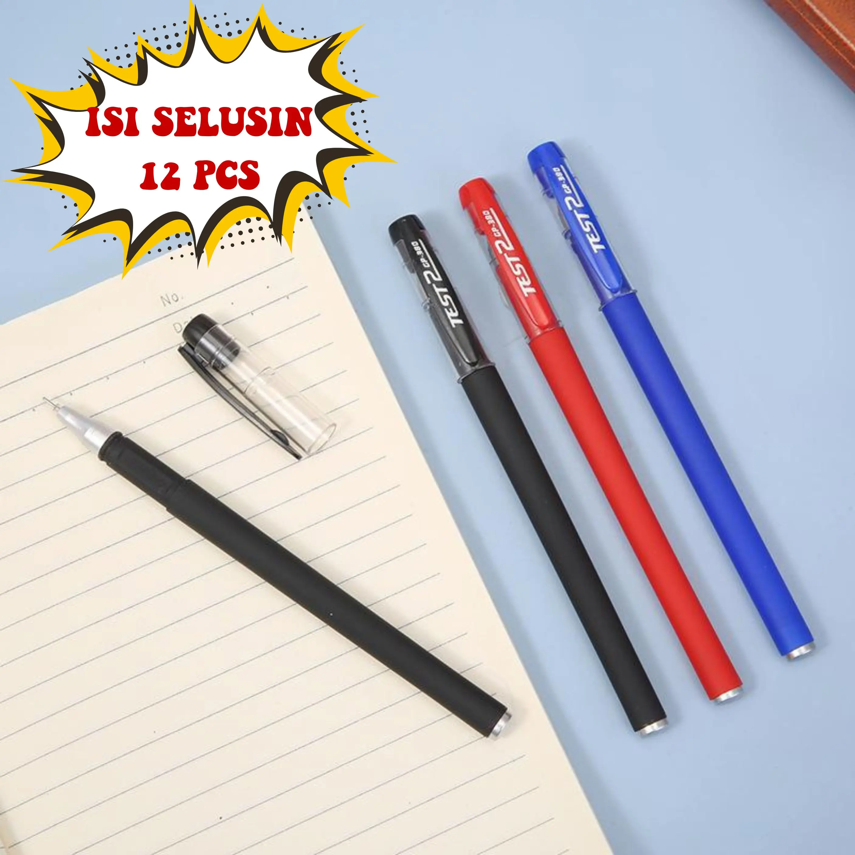 MMM-COD BUNDLING Pena Gel 0.5MM Model TST ISI SELUSIN / 1 LUSIN 12PCS Pulpen Warna Warni Ujung Lancip Alat Tulis Sekolah Kantor Bolpoint Tinta Gel Cair ATK Murah (BELI LOKAL) Merah Plastik Stationery