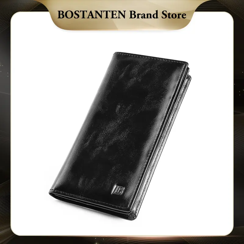 BOSTANTEN Dompet Lipat Panjang Pria Slot Kartu Kulit PU Warna Hitam/Kopi