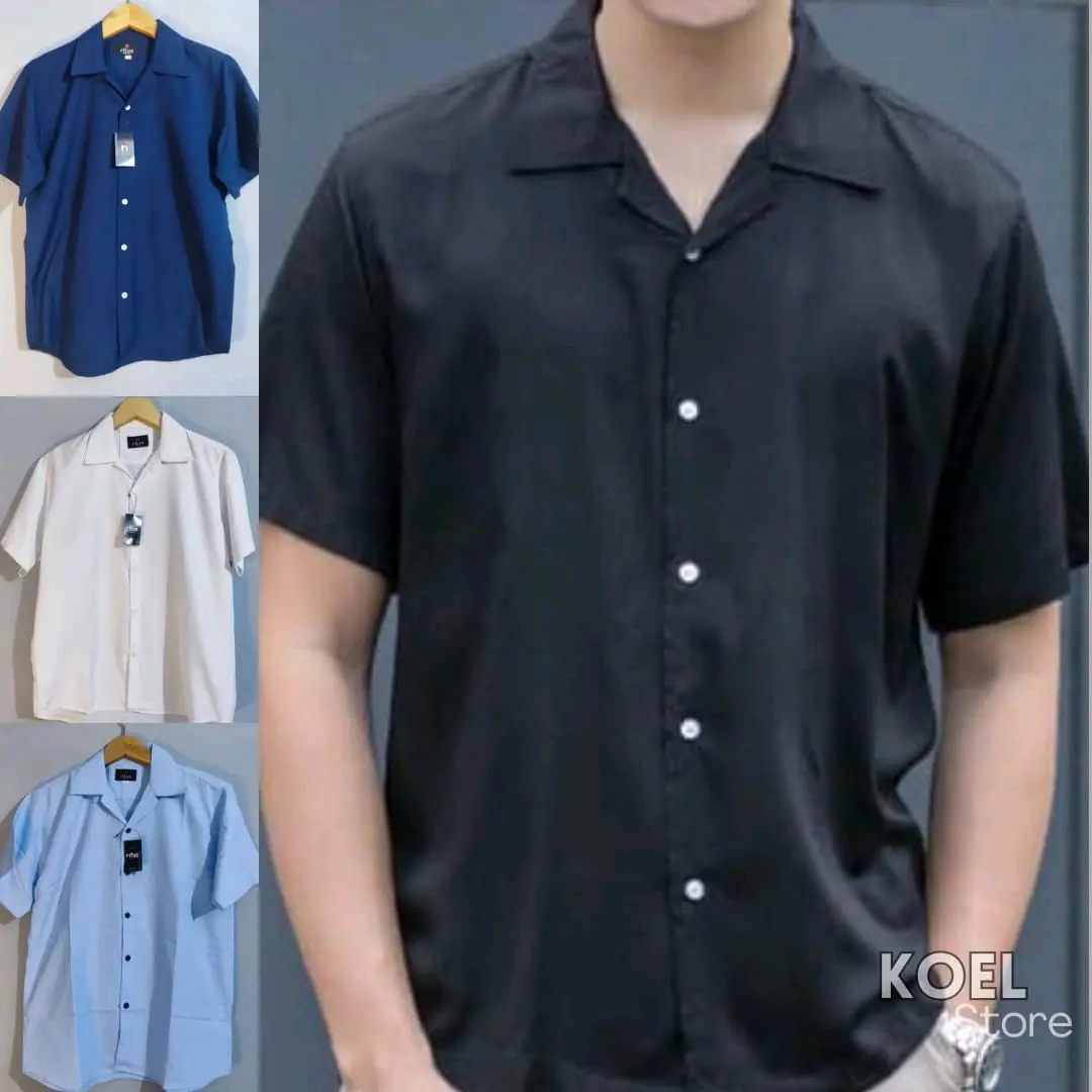 Kemeja Hawai Polos Lengan Pendek Pria Model Vintage Piyama Korea Style - Distro - Baju Casual Cowok Dewasa Hitam Navy Kain Katun Santai Nyaman