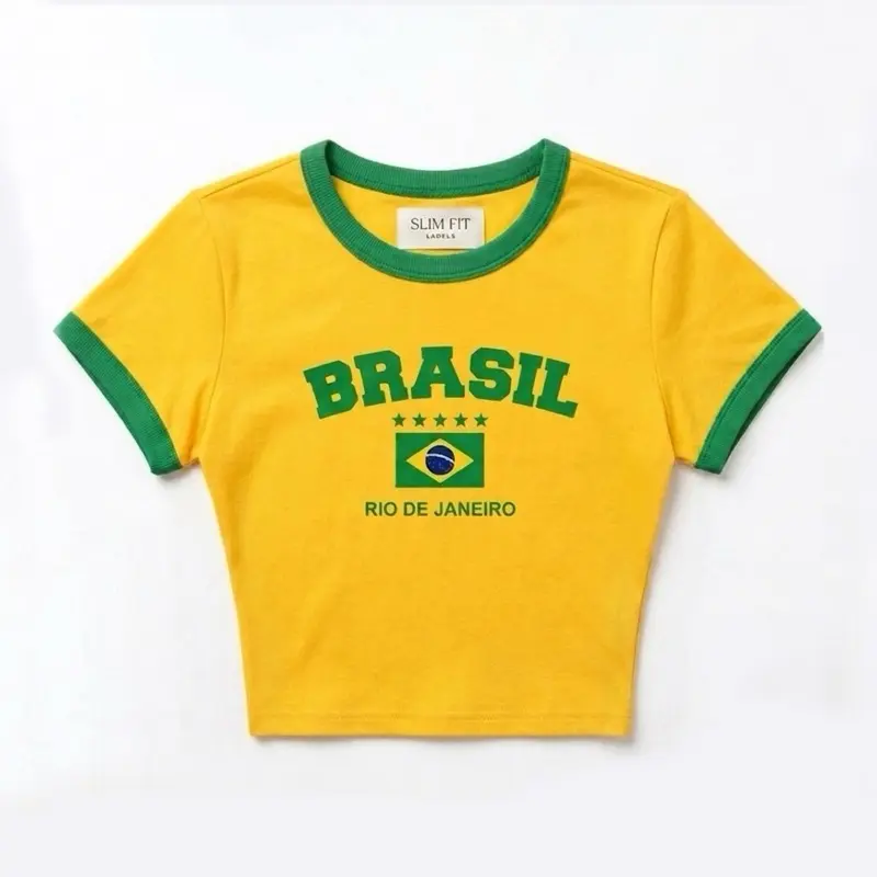 Crop Top Brazil Slim Fit Baby Tee Kaos Brasil Rio de Janeiro Warna Kuning dengan Lengan Hijau untuk Wanita Cotton Combed 30s Baju Dewasa