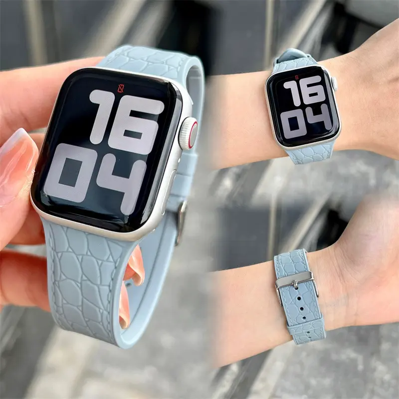 Dây đeo đồng hồ silicon với kết cấu cá sấu, dây đeo cho Apple Watch S9 /8/7/6/5/4/3/ 2 / 1 SE2 ULTRA, thiết kế khóa pin, dây đeo thay thế silicon mềm cho iWatch 49MM 45 44 42 41 40 38 4