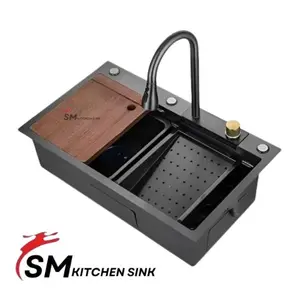 Bak Cuci Piring 75x46cm Flying Rain/Fish Hitam Mewah dan Viral (Stainless Steel) keran