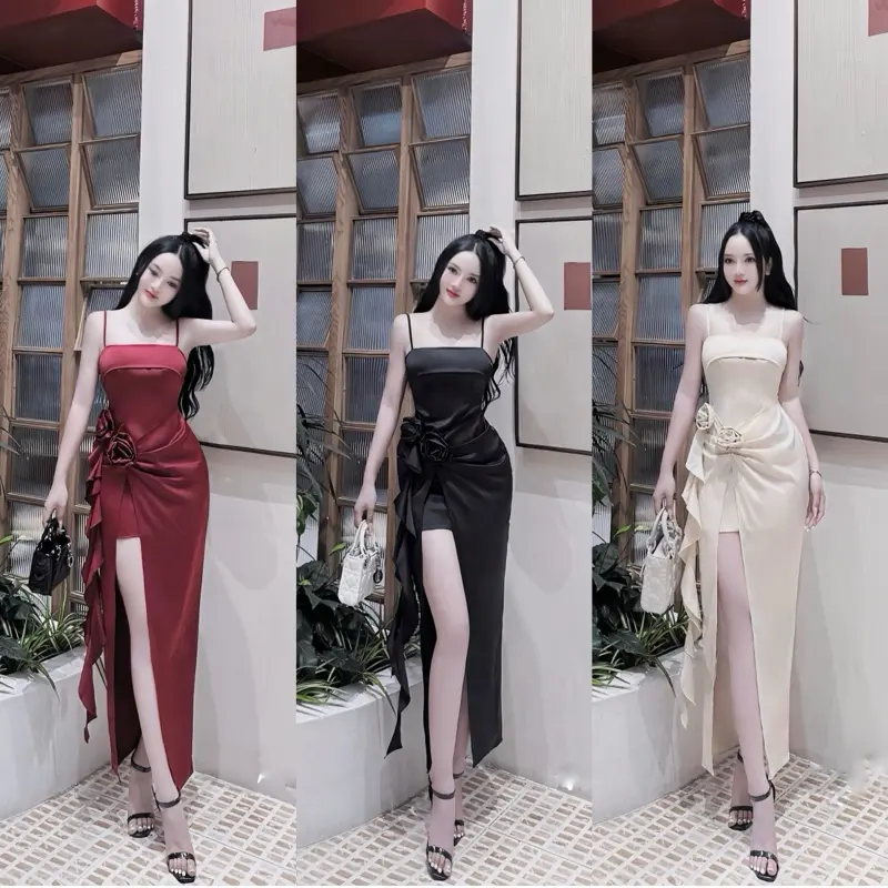 VÁY LỤA 2 DÂY XẺ TÀ ĐÍNH HOA KÉP TÔN DÁNG Nữ