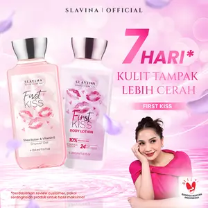 SLAVINA Bundle 2IN1 First Kiss (Body Lotion + Shower Gel) by Nagita Slavina – Handbody Mencerahkan & Moisturizing, Sabun Mandi Wangi Parfum, Body Care untuk Kulit Cerah Terawat