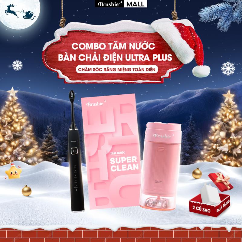 COMBO SẠCH SÂU Combo bàn chải điện Brushie Ultra Plus tích hợp đầu rửa mặt hỗ trợ làm sạch hiệu quả và tăm nước Brushie SuperClean 17 chế độ làm sạch chuyên biệt + TẶNG 2 CỦ SẠC