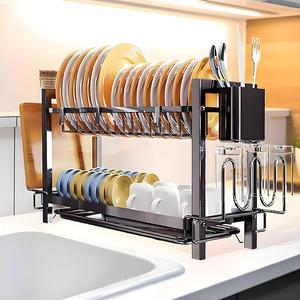 Escurridor de platos de 2/3 niveles, escurridor de platos de gran capacidad, escurridor de platos de cocina con caja de almacenamiento de cubiertos y escurridor de tazas, escurridor de platos con escurridor para tabla de cortar, más 3 ganchos