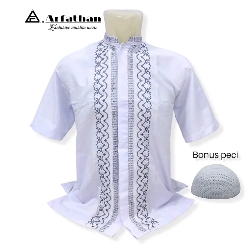 Arfathan Baju Koko Pria Dewasa Original Warna Putih Lengan Pendek Kombinasi Motif Bordir Katun Lembut ARF118 0