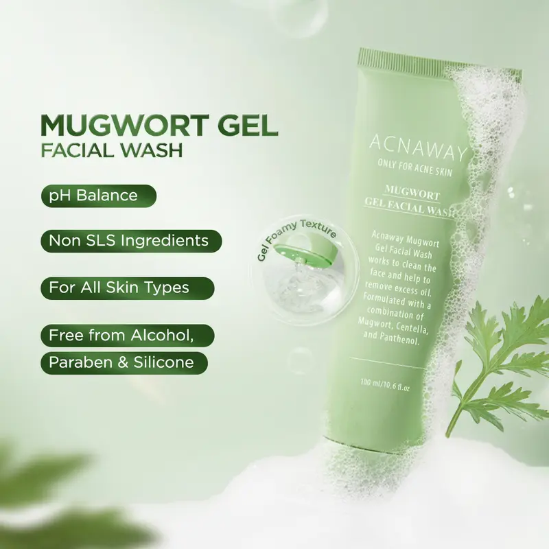 ACNAWAY Mugwort Gel Facial Wash Cleanser Acne Friendly Face Wash - Sabun Cuci Muka untuk Kulit Berjerawat & Sensitif Membersihkan Kotoran & Mencerahkan with Mugwort + Centella + Panthenol 1