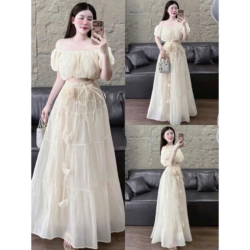 Mèo Mỡ Bigsize — Set bộ thời trang nữ áo trễ vai tơ cuộn tay bồng phối chân váy hoa dài midi voan tơ bigsize 60-90kg