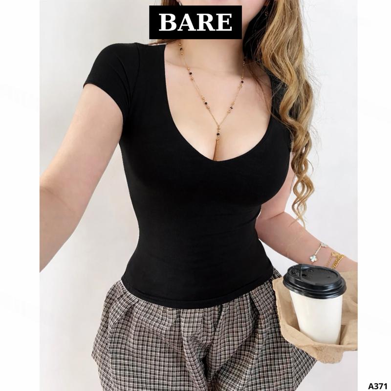 BARE_(Có size)Áo thun cổ tim tay ngắn form ôm body tôn vòng 1 chất thun borip xịn xò- A371 Nữ Top Women Voi Shirt