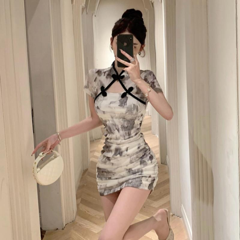Ăn Mặc sườn xám cách tân Phụ Nữ Phụ Nữ tay ngắn Trên Đầu Gối cổ áo Trung Quốc eo cao Thời Trang Thanh Lịch Bodycon Hoa Ngọt Ngào 2024 tiệc tối Buổi Tối Women Dress váy dầm cỡ lớn Plus Size 6