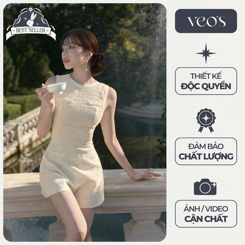 [VEO'S] SOLARA JUMPSUIT - Jumpsuit Thiết Kế Nữ Tweed Đính Đá Cổ Tròn Quần Form A Veo's Tiểu Thư Thanh Lịch Màu Trắng, Kem