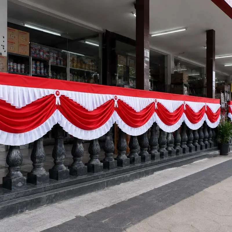 Bekron Premium Gedung Bendera Merah Putih 10 Gelombang Plamin Abutai Dekorasi Luar Ruangan Atribut Panggung HUT RI Agustus Umbul Umbul Kain Backdrop Tali