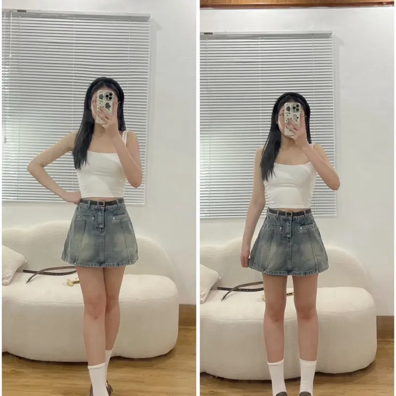 Quần short denim xanh cổ điển La Chapelle dành cho nữ 2025 mùa hè mới quần váy chữ A cạp cao ôm sát hot girl mặc ngoài HN01