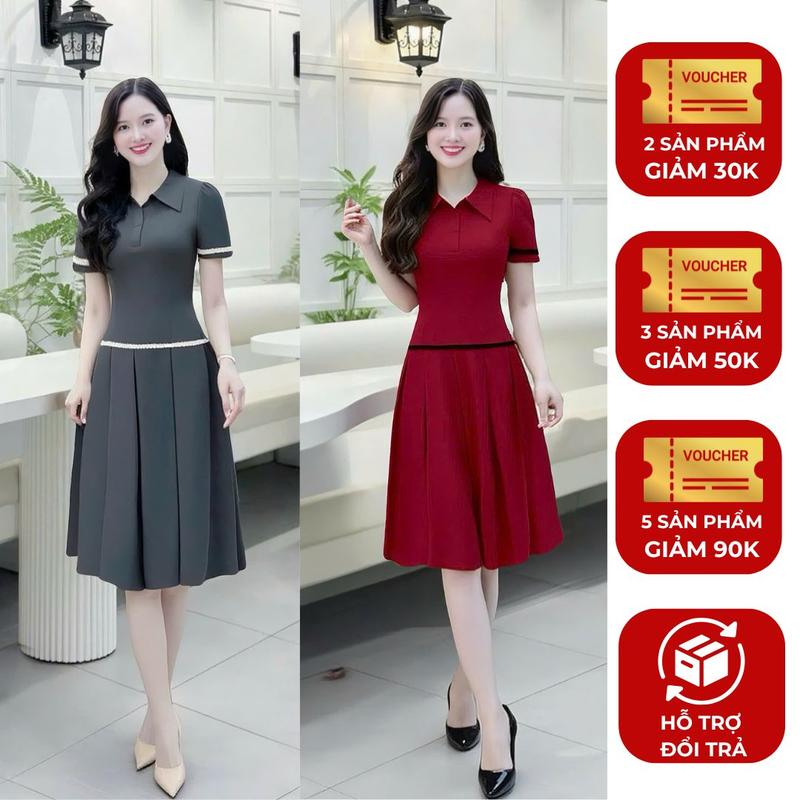 Đầm váy nữ xinh thiết kế hot trend Nhật Vy cổ sơ mi tay ngắn kiểu dáng dài chiết eo big size chất lụa thoáng mát công sở văn phòng dự tiệc quà tặng vợ mẹ màu đỏ nâu xám - D3517 Mix