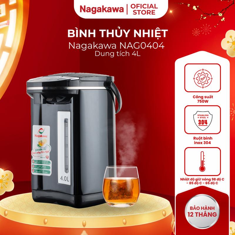 Bình Đun Nước Inox Nagakawa NAG0404 4L, NTP2556 5L – Công Suất 750W – Inox 304, Chống Rỉ Sét – Màu Đen, Thiết Kế Sang Trọng