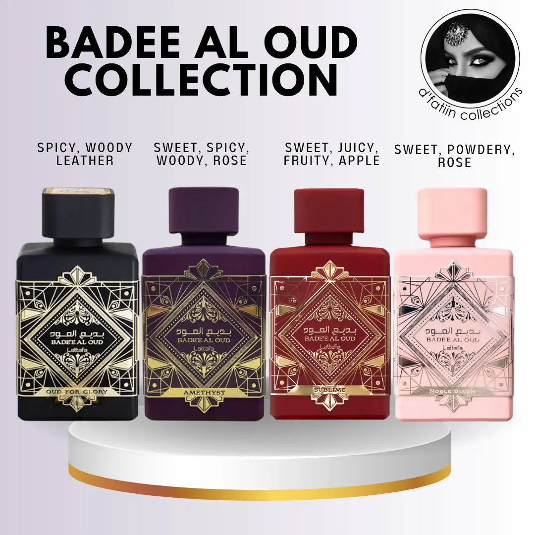 Lattafa Badee Al Oud, Badee Al Oud Sublime, Badee Al Oud Amethyst, Badee al Oud Noble Blush - 100ml EDP Perfume - arab unisex fragrance scent | fruity fresh sweet spicy leather woody rose